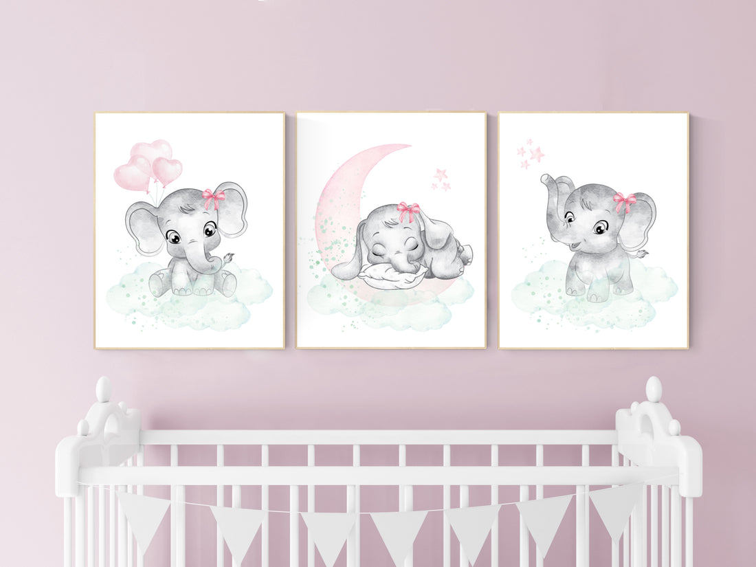 Nursery decor girl pink mint, elephant nursery wall art, pink and mint, moon, stars