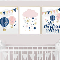 Navy pink gold nursery, hot air balloons, moon, cloud and stars, gender neutral, nursery decor girl