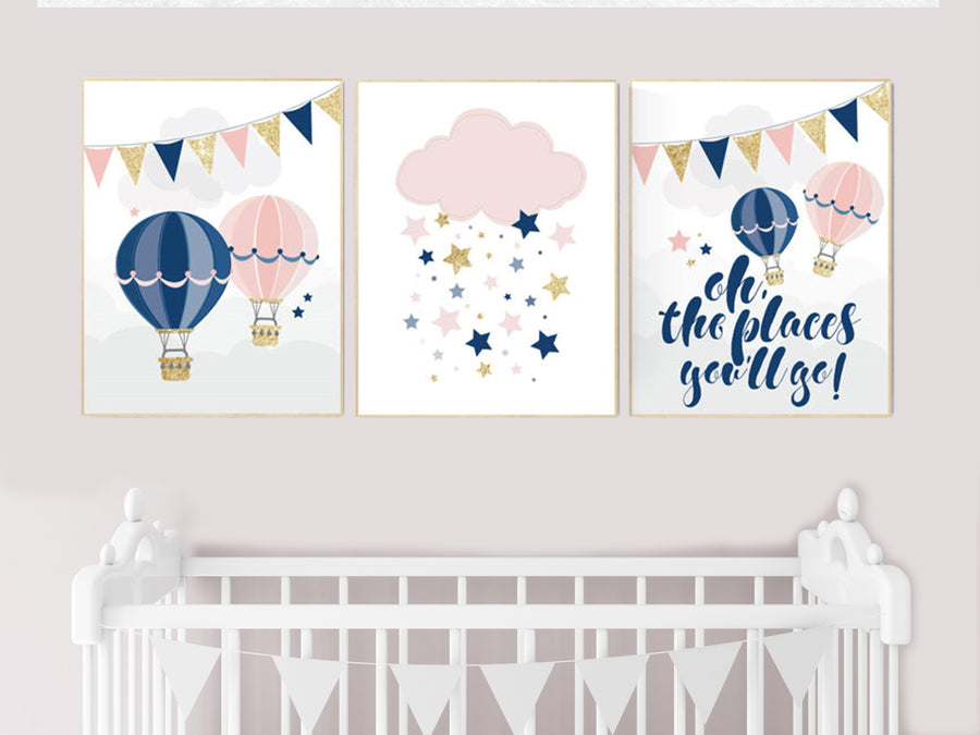 Navy pink gold nursery, hot air balloons, moon, cloud and stars, gender neutral, nursery decor girl