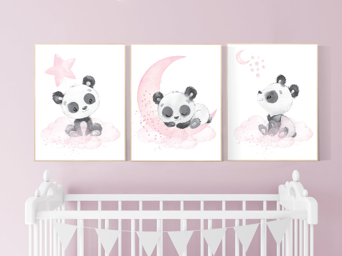 Nursery decor girl, panda nursery, pink and gray nursery wall art, panda nursery print, nursery