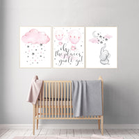 Nursery decor girl elephant, pink grey nursery, pink gray, hot air balloon, cloud, moon and stars