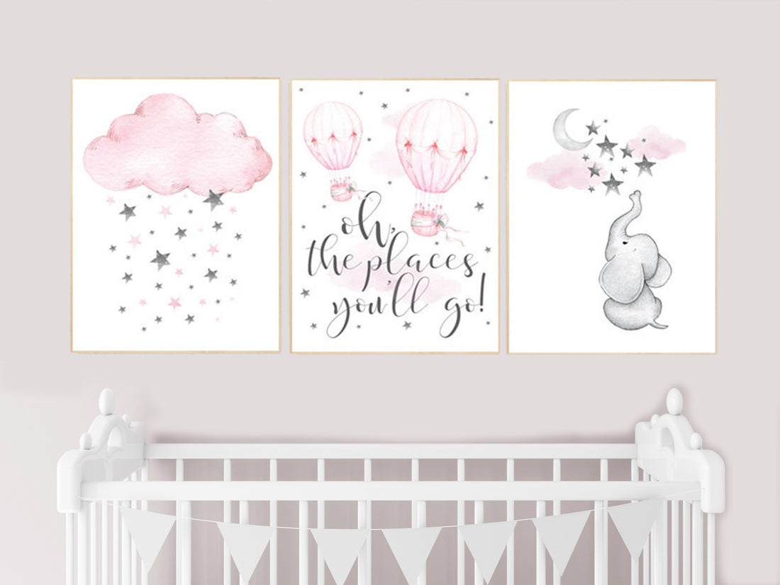 Nursery decor girl elephant, pink grey nursery, pink gray, hot air balloon, cloud, moon and stars