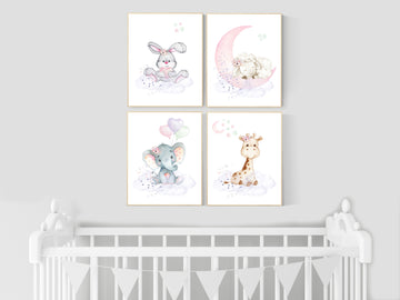 Nursery wall art girl elephant, giraffe, sheep, bunny, pink, mint, purple, baby room art