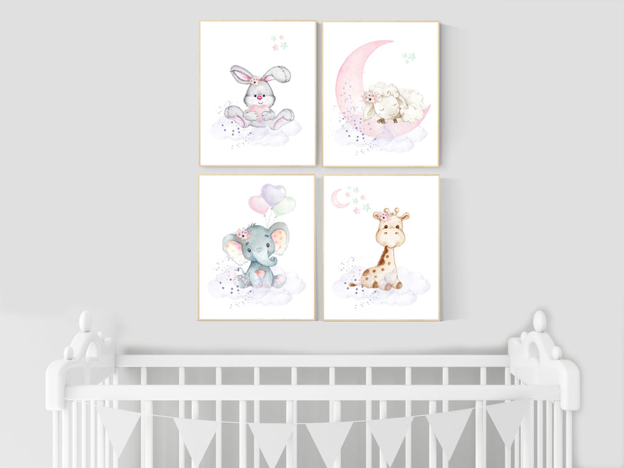 Nursery wall art girl elephant, giraffe, sheep, bunny, pink, mint, purple, baby room art