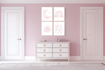 Nursery prints girl, pink grey, rainbow, moon and star, cloud, sun, baby room decor, girl nursery