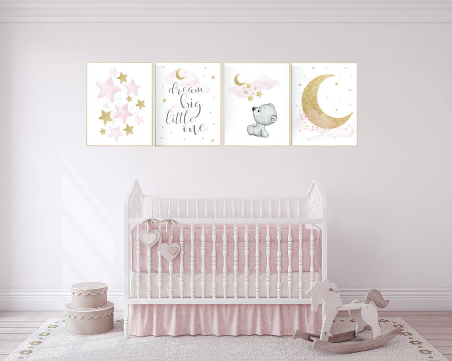 Nursery decor girl pink gold, bear nursery, pink and gold nursery art, cloud and stars, teddy bear