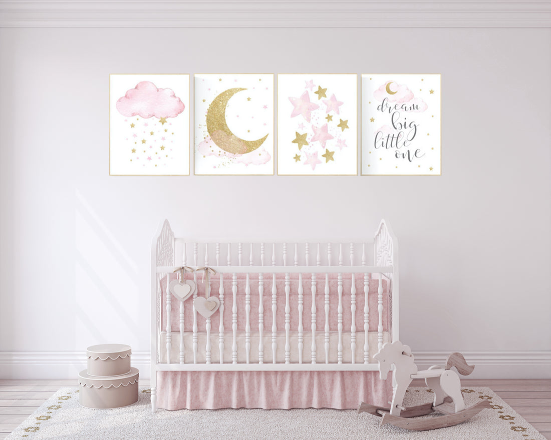 Nursery decor girl pink gold, cloud, moon and stars, pink and gold nursery art, girl nursery ideas