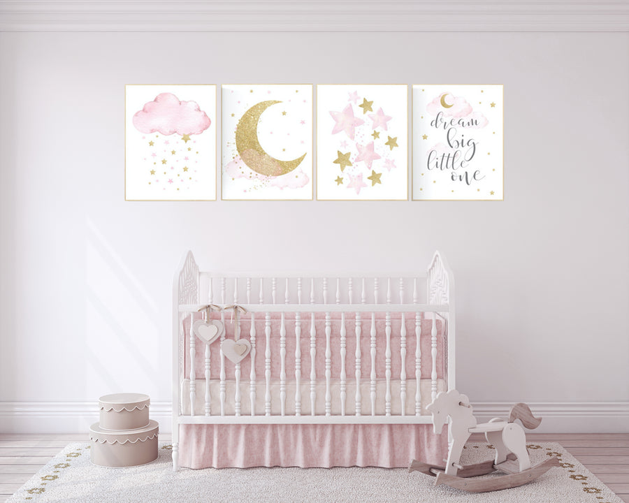 Nursery decor girl pink gold, cloud, moon and stars, pink and gold nursery art, girl nursery ideas