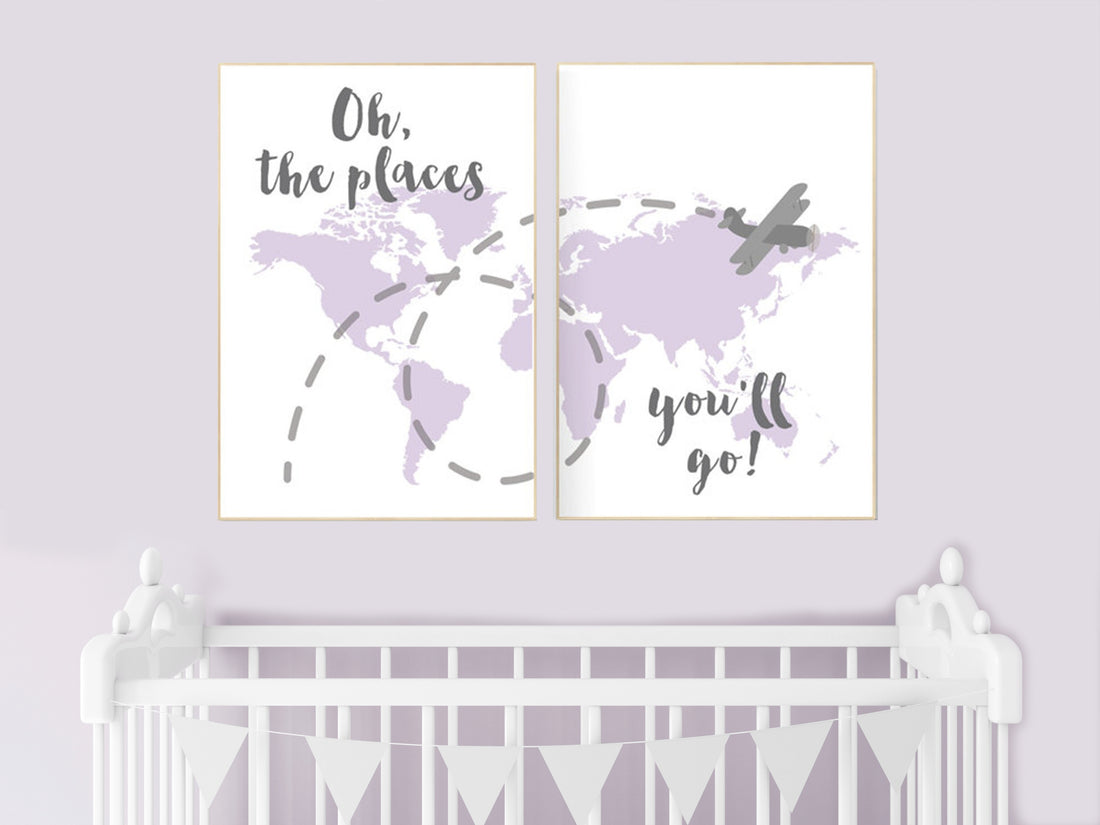 World map, purple nursery decor, lilac, lavender, Oh the places you&