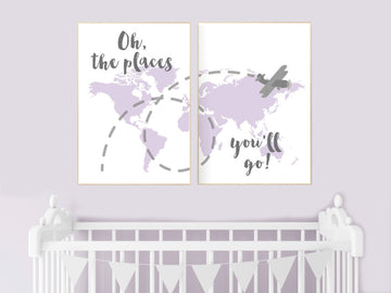 World map, purple nursery decor, lilac, lavender, Oh the places you'll go, travel themed nursery