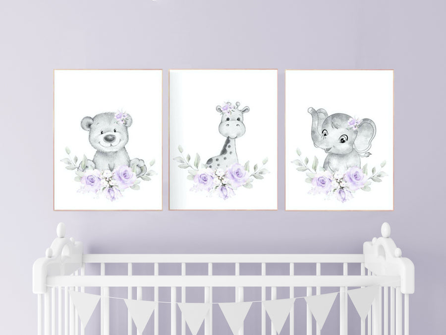 Purple nursery, Floral jungle animals, nursery decor girl flowers, lavender, nursery decor girl boho