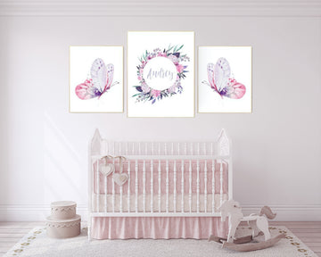 Nursery decor girl butterfly, pink and purple nursery, pink lilac nursery, girl room prints