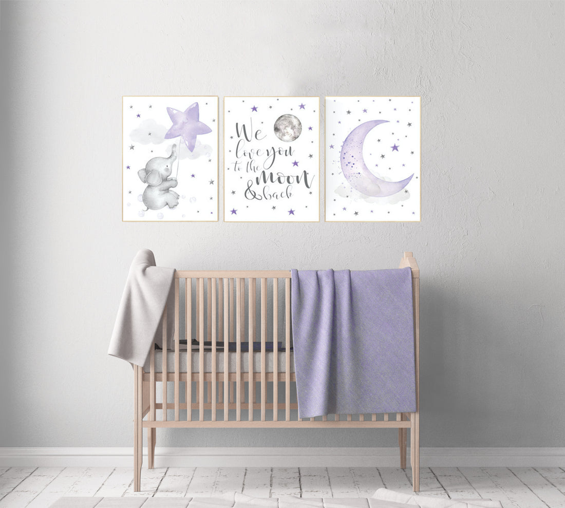 Nursery decor girl purple, elephant nursery, lavender gray, lilac, we love you to the moon and back