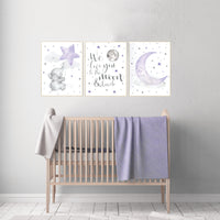 Nursery decor girl purple, elephant nursery, lavender gray, lilac, we love you to the moon and back