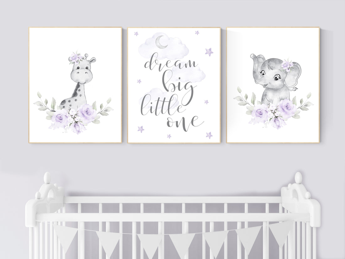 Nursery decor girl boho, Purple nursery, giraffe, elephant, Floral jungle animals, lavender, flower