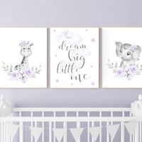 Nursery decor girl boho, Purple nursery, giraffe, elephant, Floral jungle animals, lavender, flower