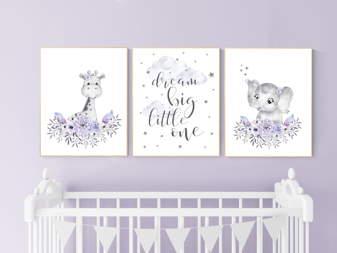 Nursery decor boho, Purple nursery, nursery wall art elephant, giraffe, nursery decor girl