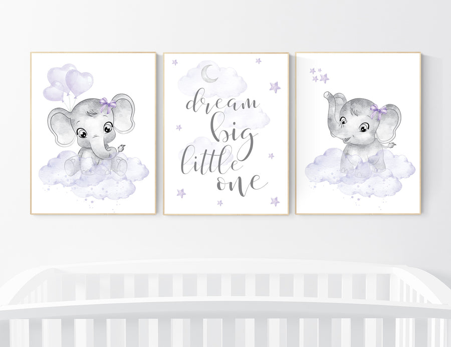 Nursery prints girl, Nursery decor girl purple, nursery decor elephant girl, moon stars, lavender