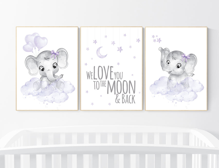 Nursery prints girl, Nursery decor girl purple, nursery decor elephant girl, moon and stars, lavender, girl nursery ideas, lilac nursery