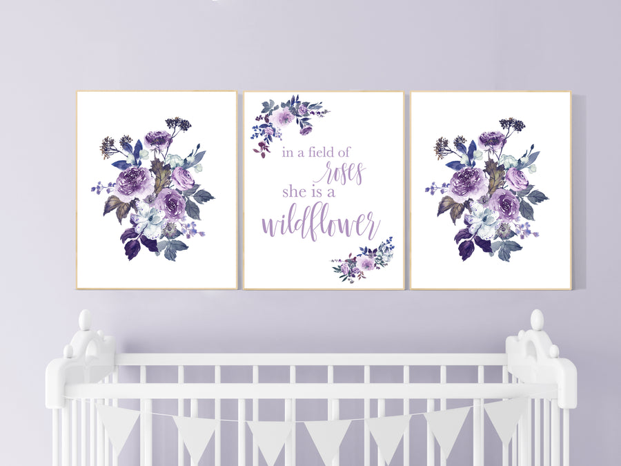 Nursery decor girl purple, burgundy, nursery decor  floral, in a field of roses she is a wildflower