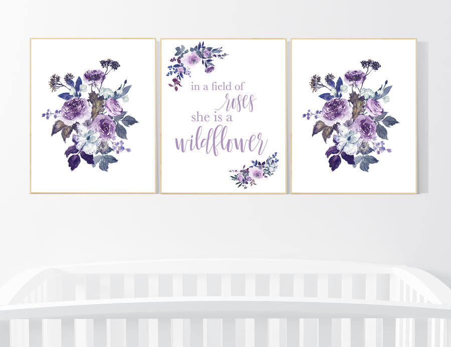 Nursery decor girl purple, burgundy, nursery decor  floral, in a field of roses she is a wildflower