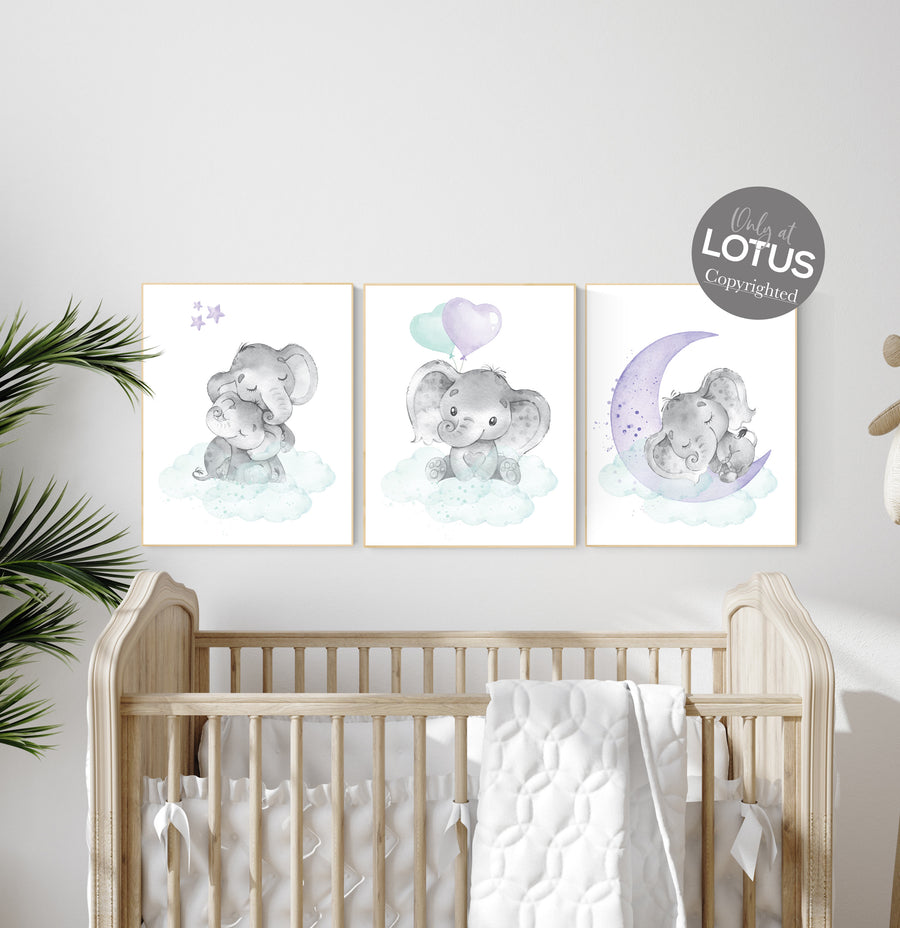 Nursery decor girl purple teal, elephant nursery, nursery decor girl, lilac nursery