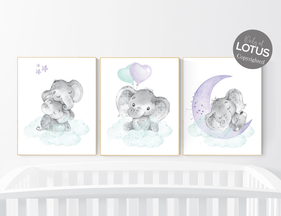 Nursery decor girl purple teal, elephant nursery, nursery decor girl, lilac nursery