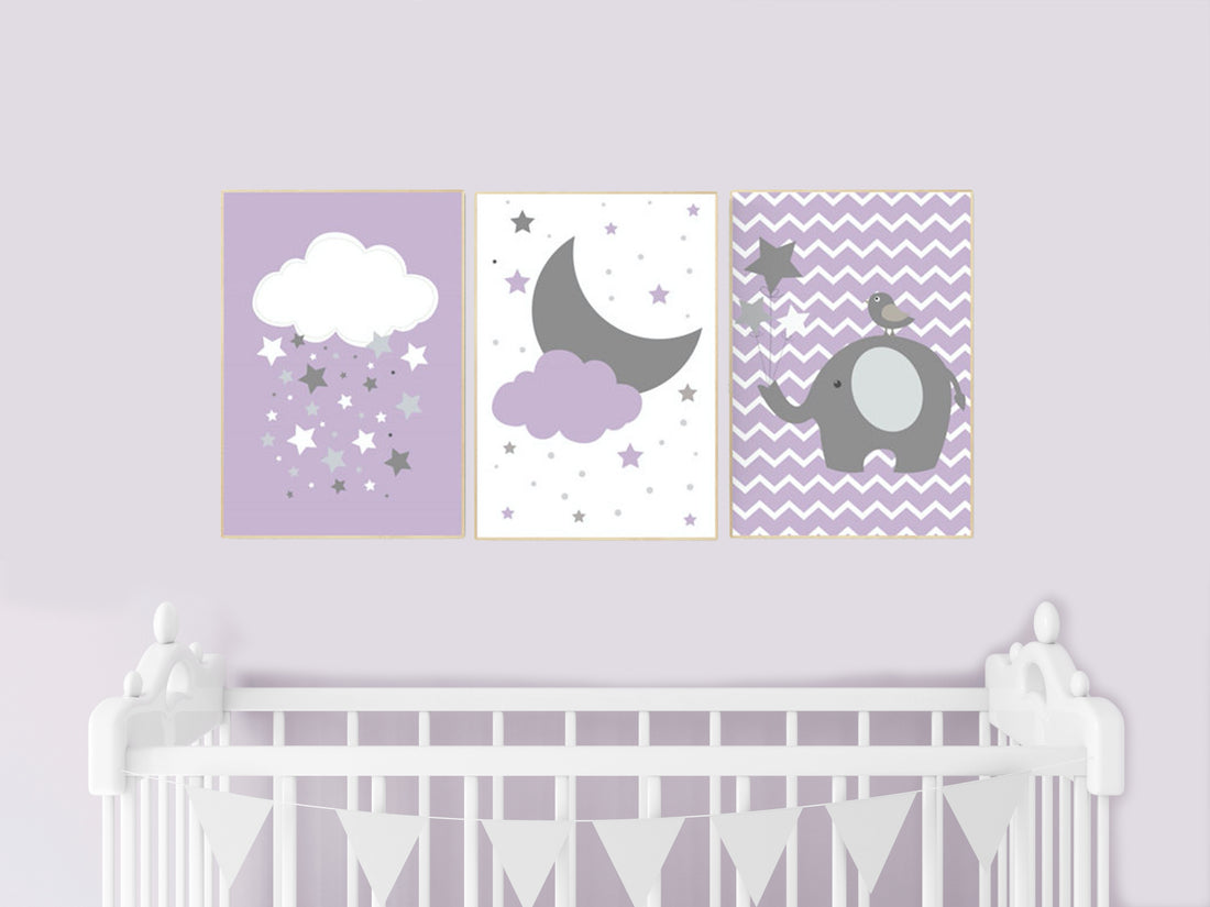 Nursery decor girl purple, cloud, moon and stars, purple nursery art, elephant, girl nursery ideas