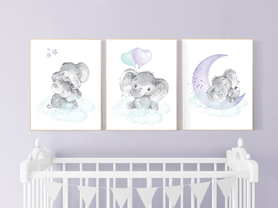 Nursery decor girl purple teal, elephant nursery, nursery decor girl purple, lilac, lavender, mint