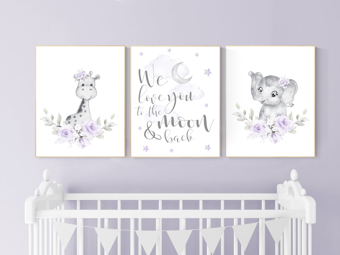 Purple nursery, giraffe, elephant, Nursery decor girl boho, Floral jungle animals, lavender