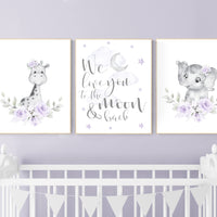 Purple nursery, giraffe, elephant, Nursery decor girl boho, Floral jungle animals, lavender