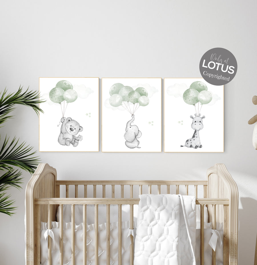 Nursery wall art animals, green nursery, gender neutral nursery, sage green, baby room decor