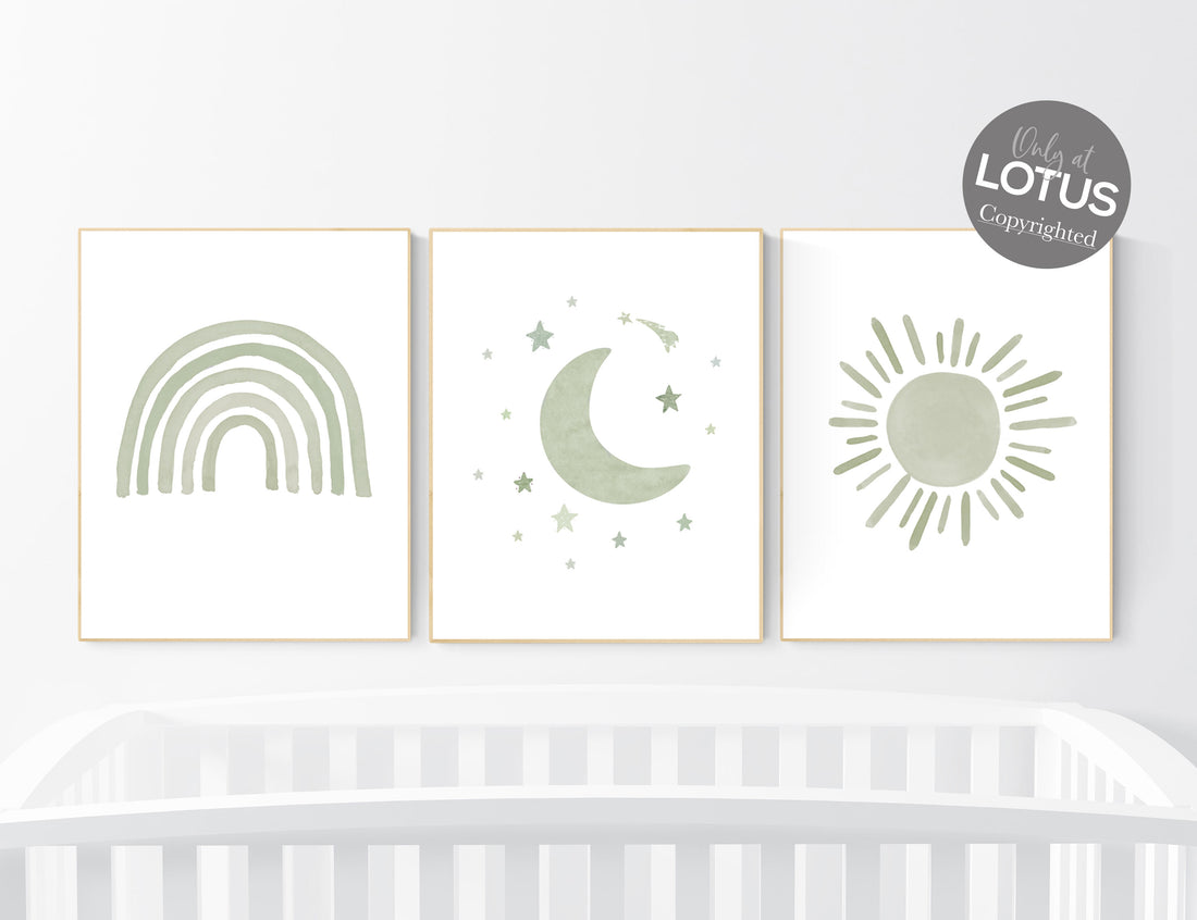 Nursery prints rainbow, gender neutral, sage green nursery wall decor, rainbow, moon, nursery wall art