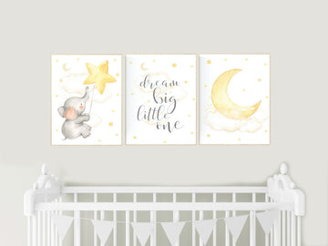 Yellow nursery wall art, gender neutral, Nursery decor elephant, Nursery decor neutral, cloud, moon
