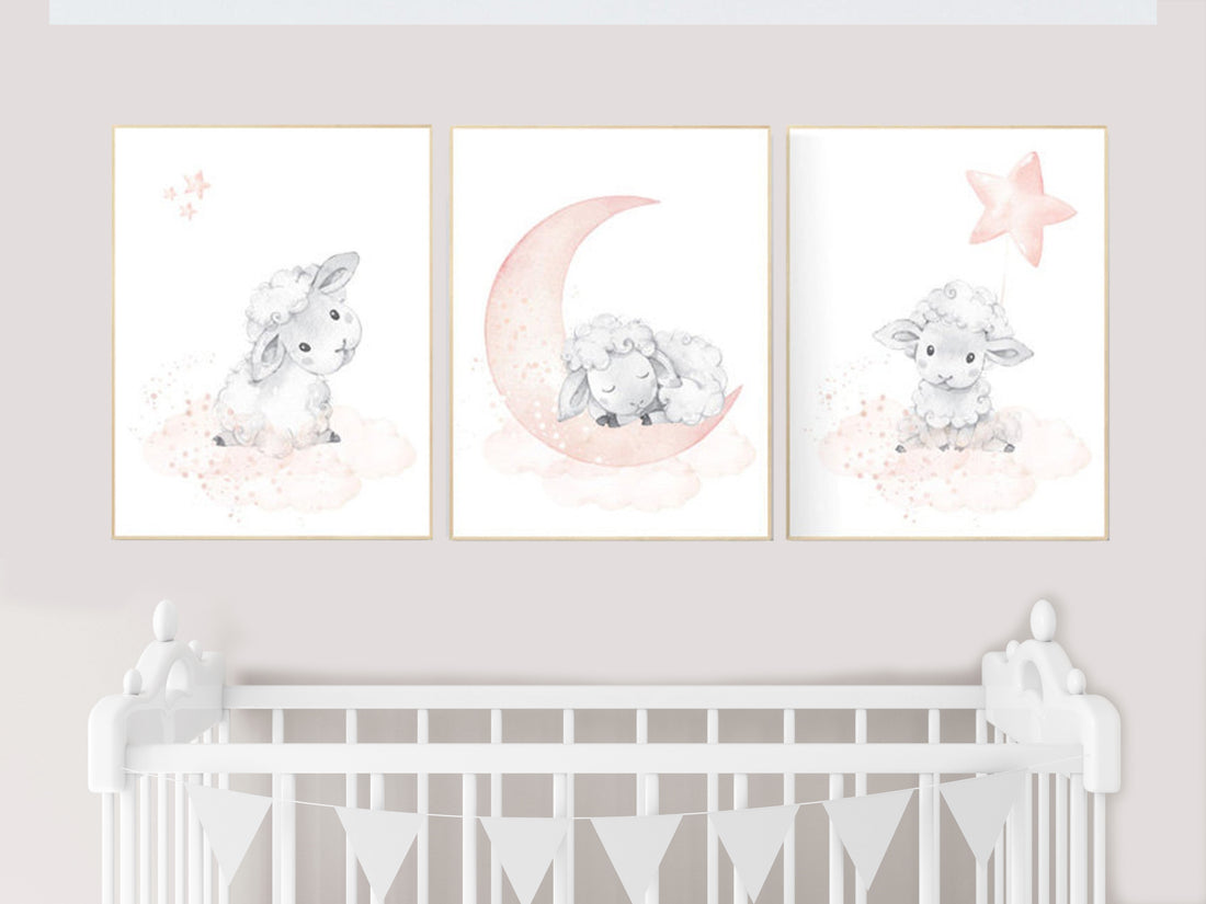 Nursery decor lambs, Nursery decor girl peach, sheep nursery, cloud and stars