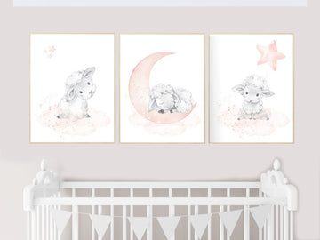 Nursery decor lambs, Nursery decor girl peach, sheep nursery, cloud and stars