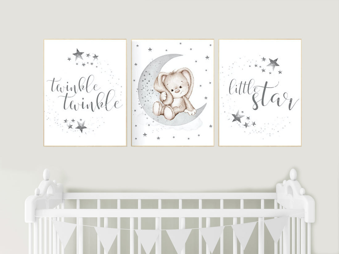 Gray nursery, gender neutral, grey, bunny, rabbit, Twinkle twinkle little star, neutral nursery