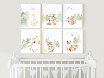 Woodland nursery decor, animals prints, woodland themed nursery, nursery art woodland