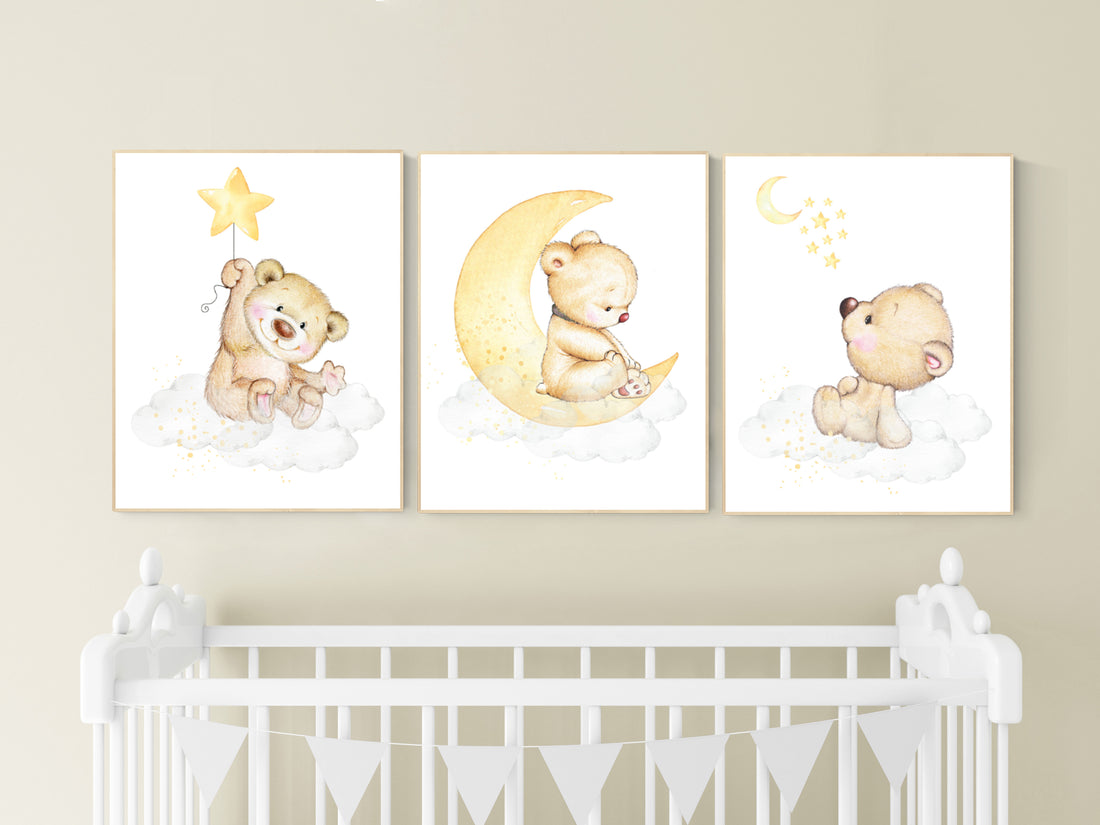 Nursery decor bear, gender neutral nursery wall art, yellow nursery, bear nursery print, teddy bear