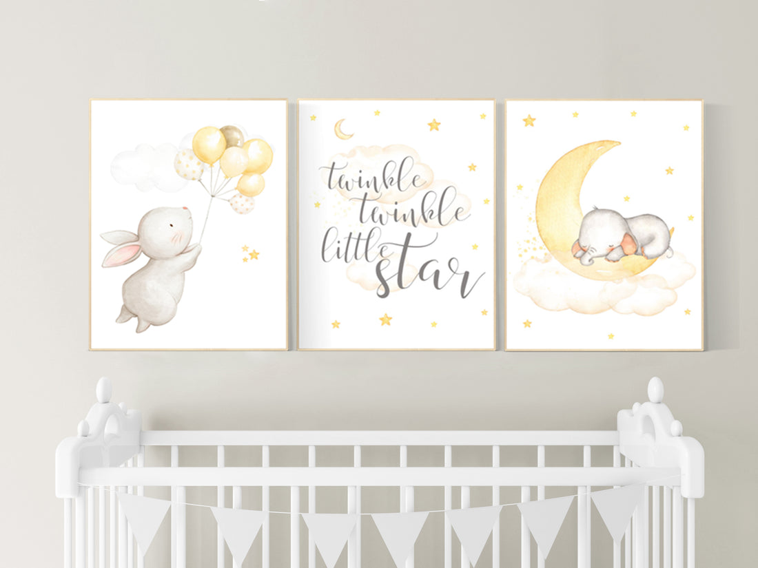 Gender neutral nursery wall art, yellow gray, yellow grey, elephant nursery, bunny, stars moon