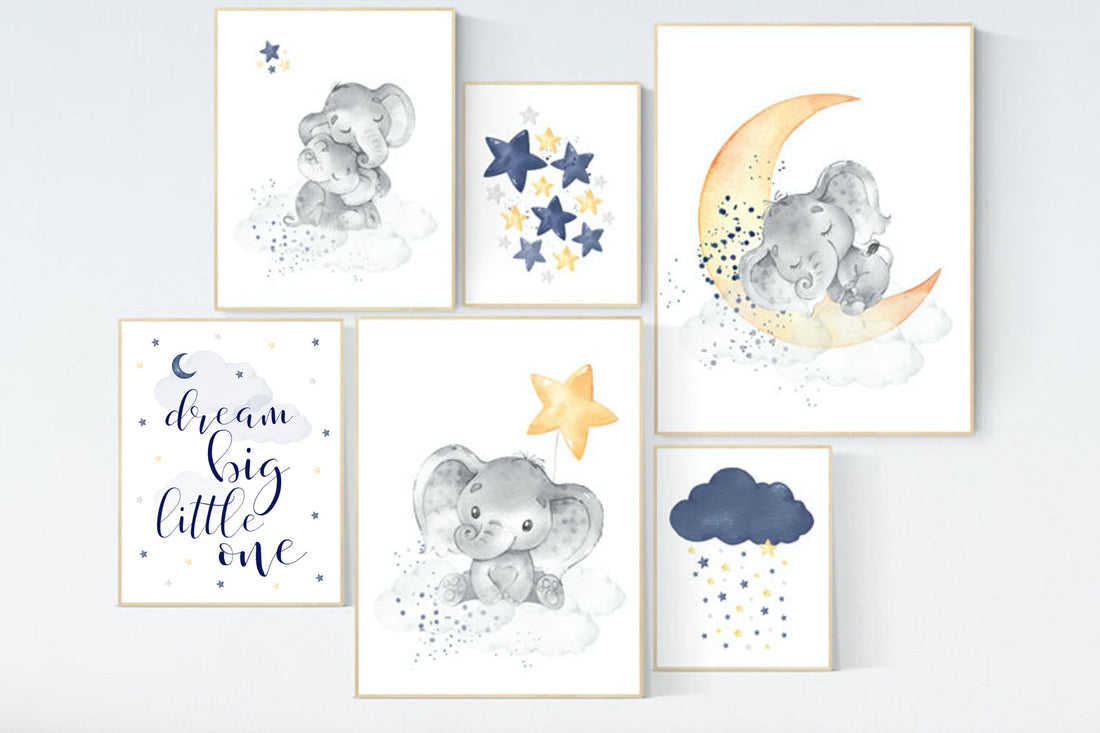 Nursery decor boy elephant, navy yellow gray, nursery wall art boy, navy Blue, moon and stars