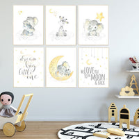 Yellow gray, yellow grey, gender neutral nursery wall art, giraffe, nursery decor elephant
